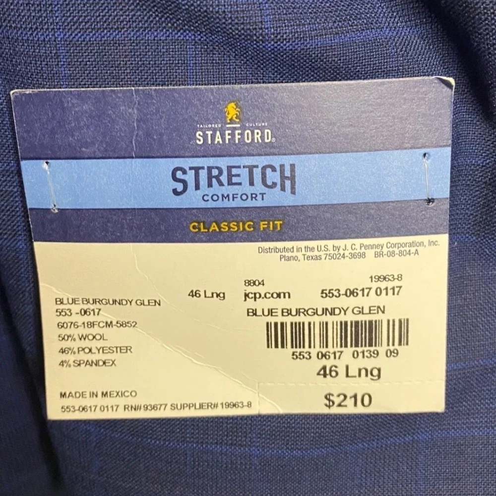 Stafford Men Blue Burgundy Glen Plaid Sport Coat 46 Long Travel Stretch Wool